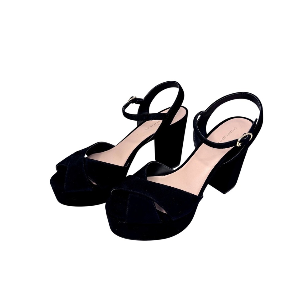 Stuart Weitzman Black Suede Platform Block Heel Sandals 10.5B SB286 - Picture 2 of 11